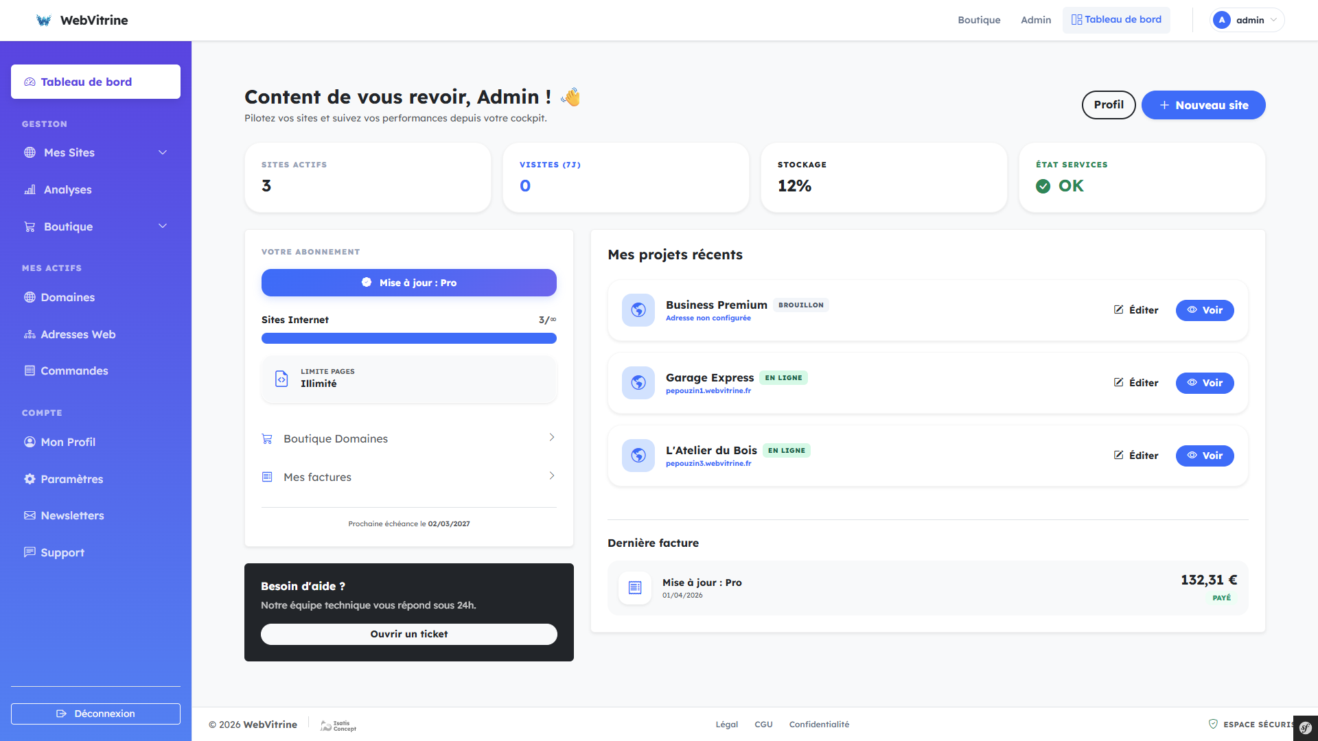 Tableau de bord administrateur